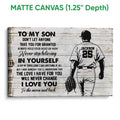 Matte canvas baseball wall art with a player silhouette, glove, bold lettering, and weathered wood-style design
