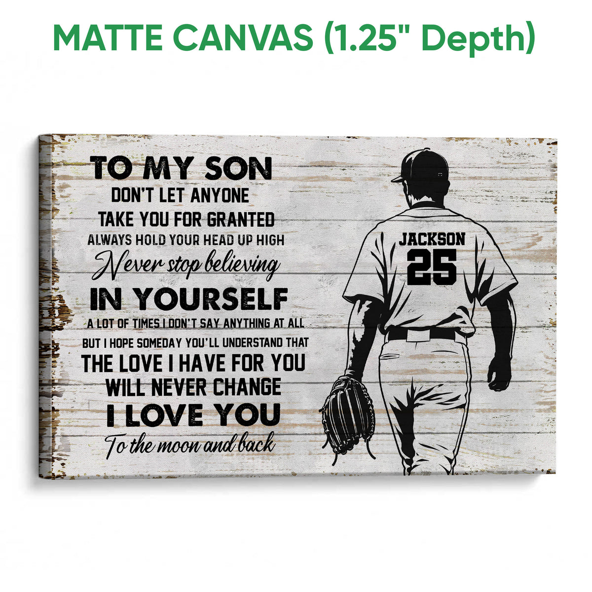 Matte canvas baseball wall art with a player silhouette, glove, bold lettering, and weathered wood-style design