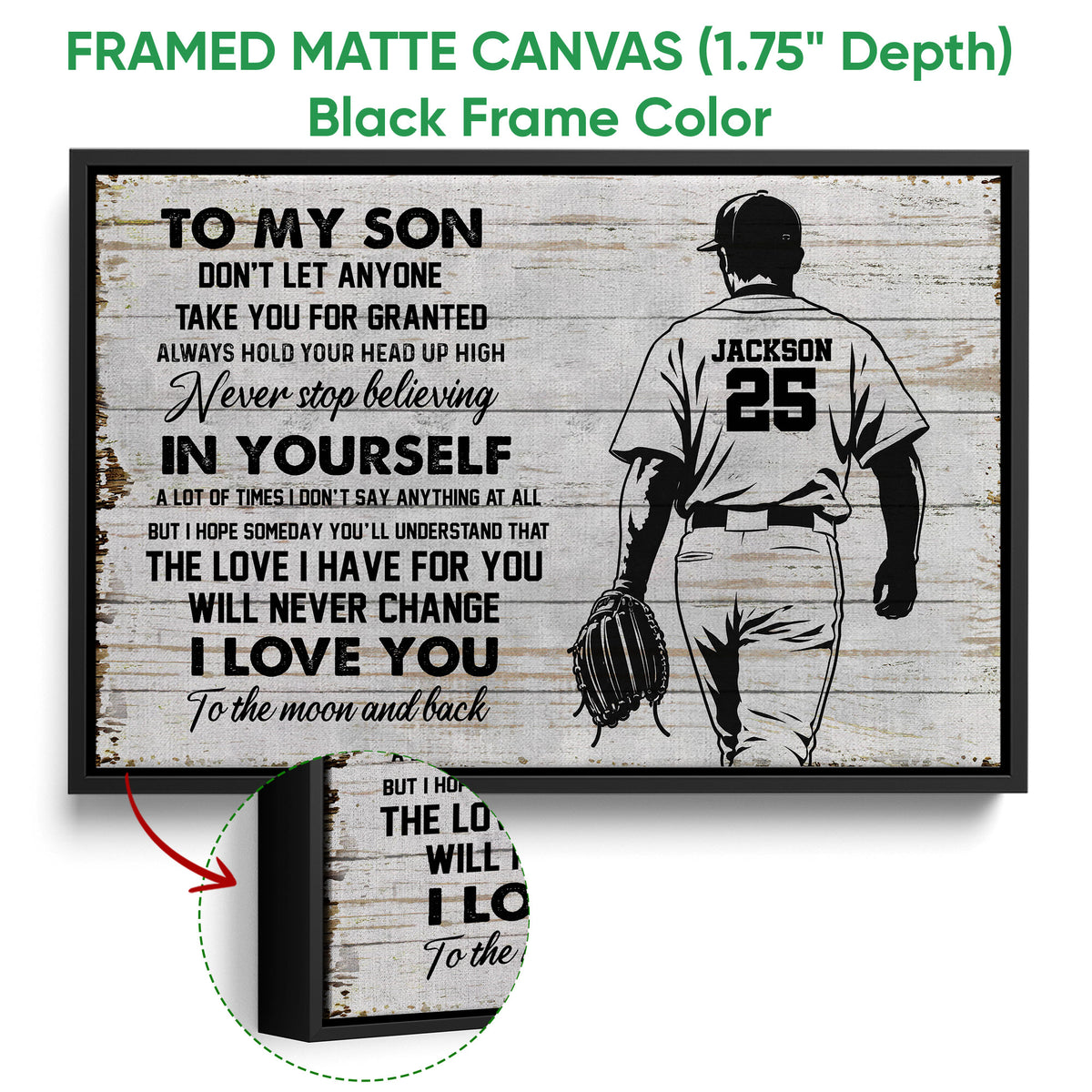Black framed baseball canvas wall art with an inspirational message and player silhouette holding a glove