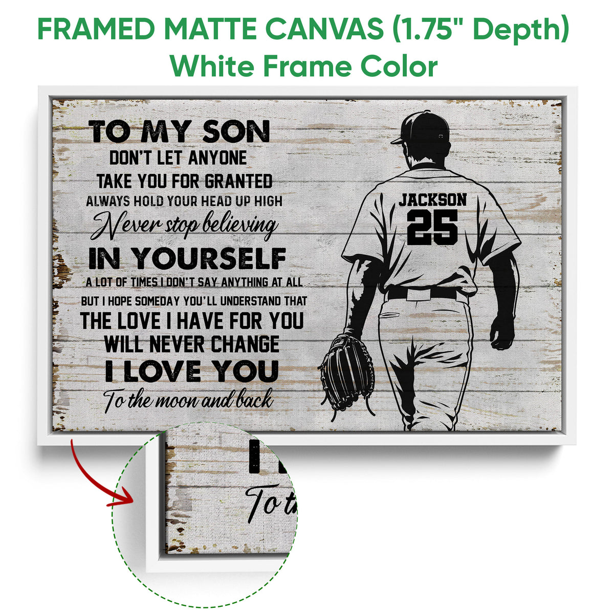White framed baseball canvas wall art featuring a player silhouette, glove, and rustic inspirational design