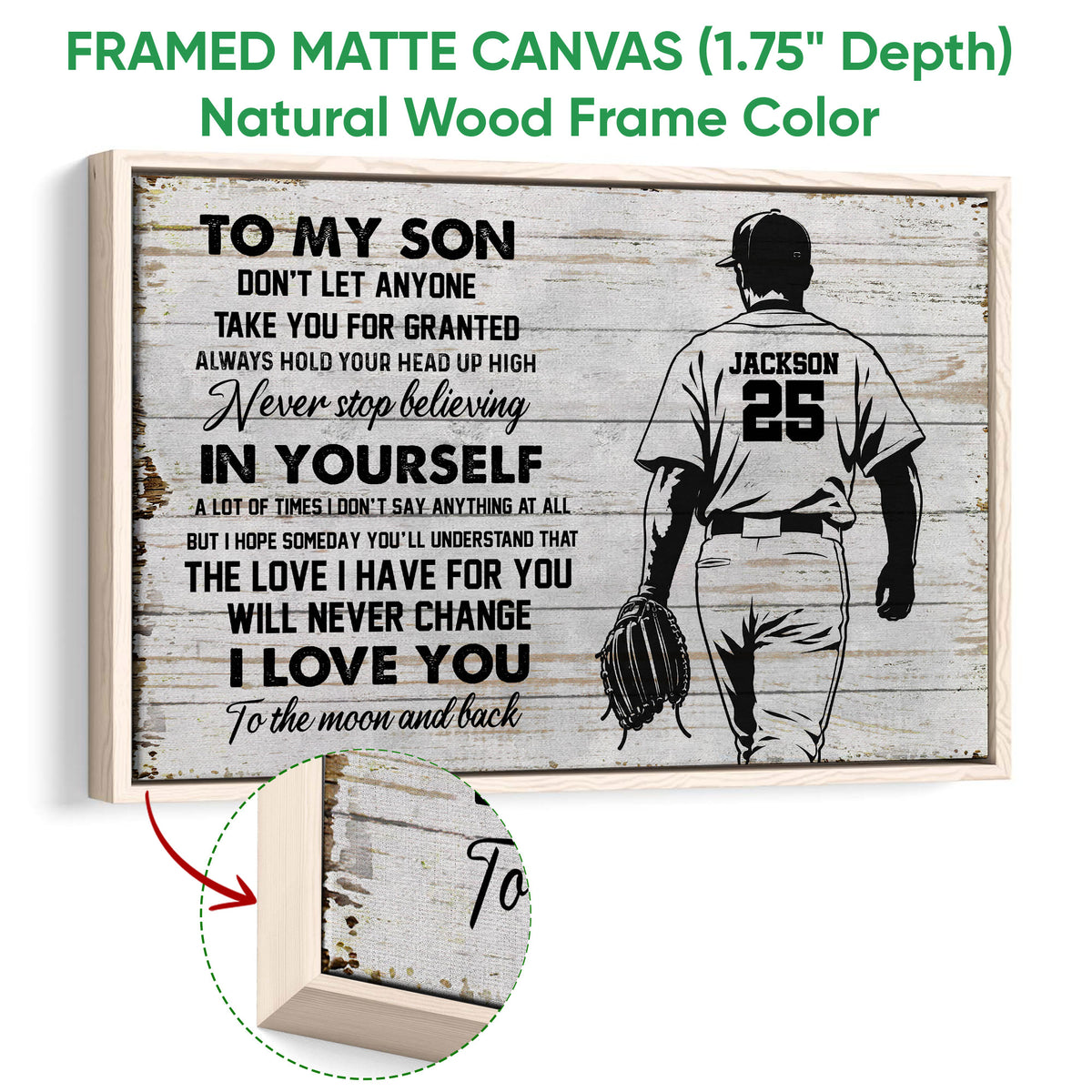 Natural wood framed baseball wall art with a player silhouette, glove, and bold inspirational typography