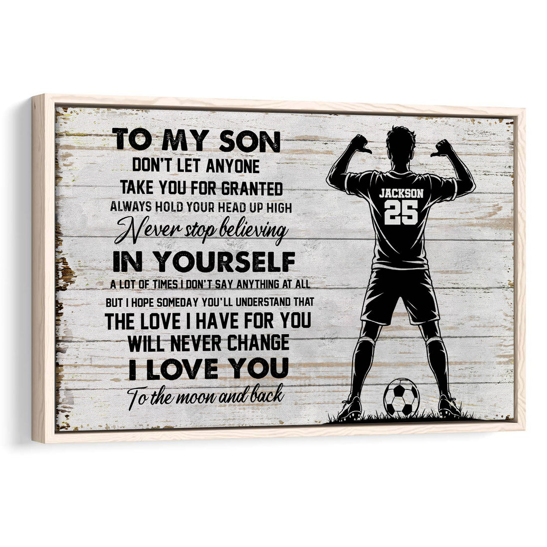 Framed soccer wall art with an inspirational message and silhouetted player beside a soccer ball
