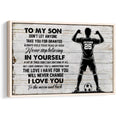 Framed soccer wall art with an inspirational message and silhouetted player beside a soccer ball