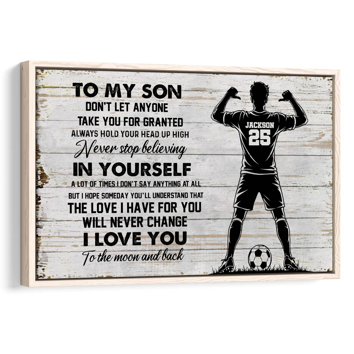 Framed soccer wall art with an inspirational message and silhouetted player beside a soccer ball