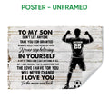 Unframed soccer poster featuring a player silhouette, soccer ball, rustic wood background, and motivational message