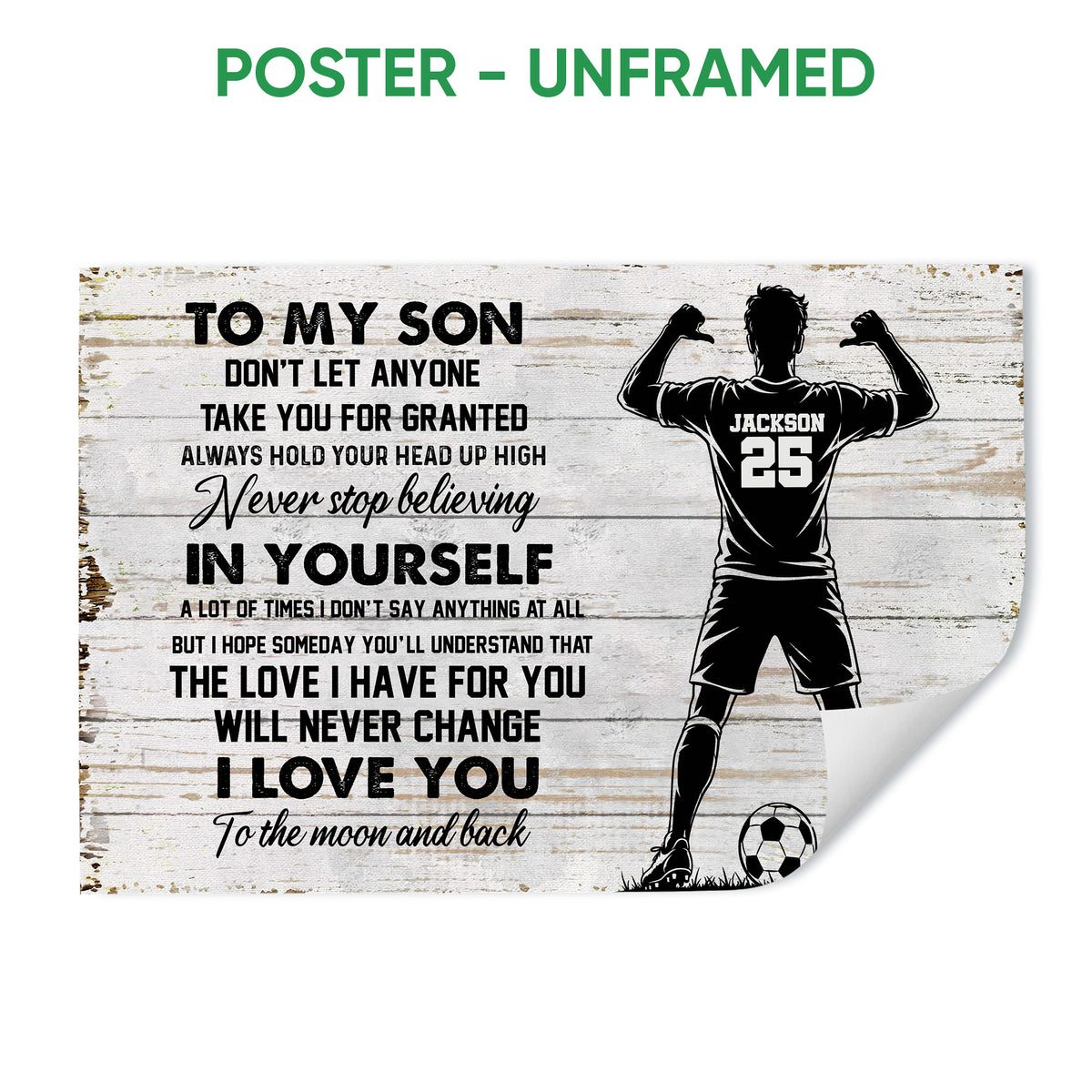Unframed soccer poster featuring a player silhouette, soccer ball, rustic wood background, and motivational message