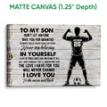 Matte canvas soccer wall art with a player silhouette, soccer ball, and inspirational typography