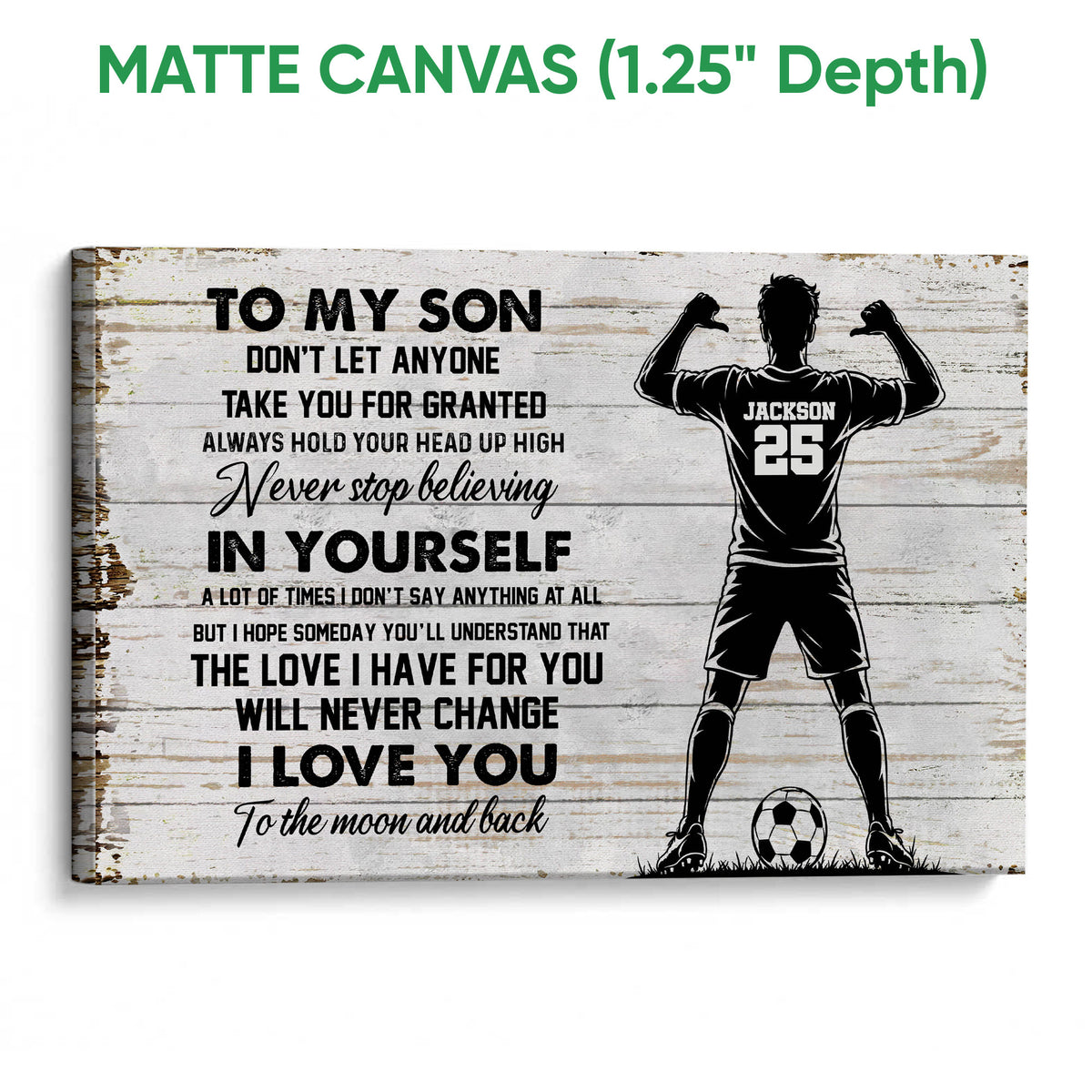 Matte canvas soccer wall art with a player silhouette, soccer ball, and inspirational typography