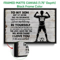 Framed soccer canvas wall art shown with a black frame and close-up of the frame edge