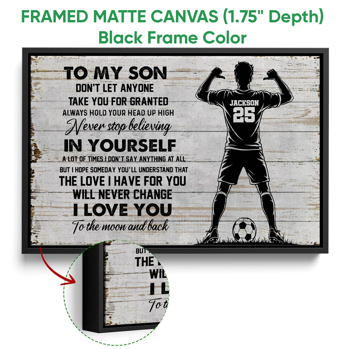 Framed soccer canvas wall art shown with a black frame and close-up of the frame edge