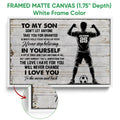 Framed soccer canvas wall art shown with a white frame and close-up of the canvas edge