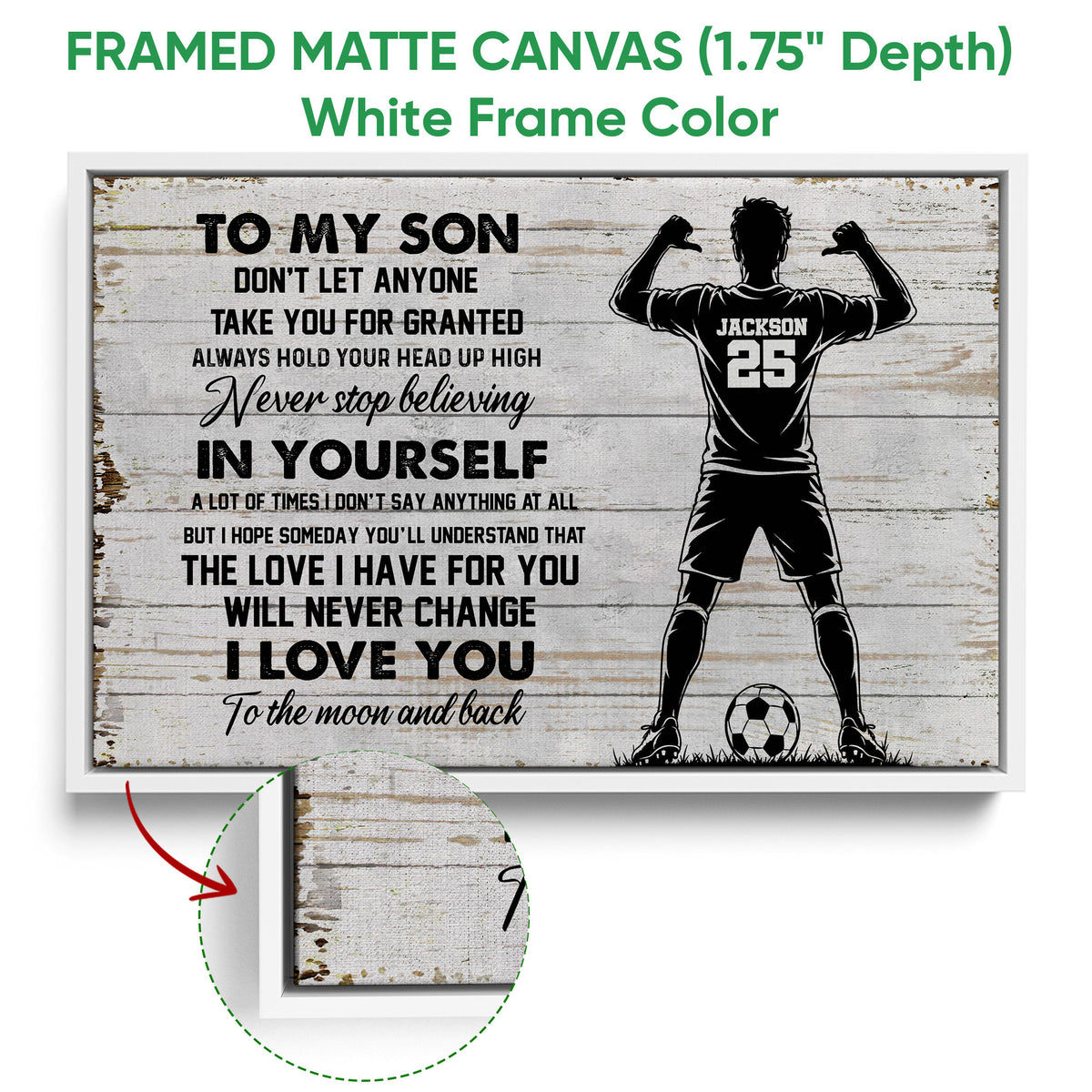 Framed soccer canvas wall art shown with a white frame and close-up of the canvas edge