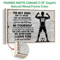 Framed soccer canvas wall art shown with a natural wood frame and close-up of the frame finish