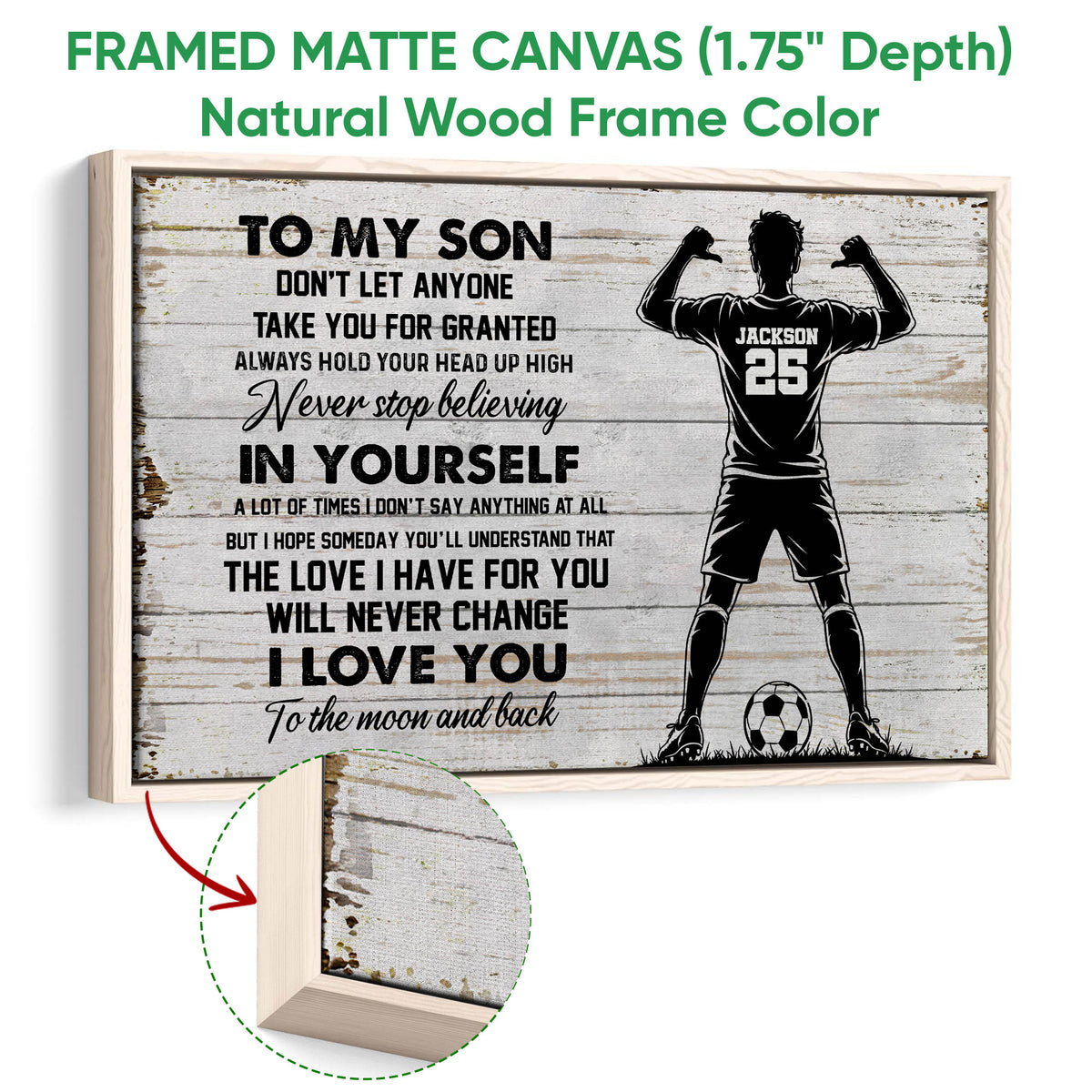 Framed soccer canvas wall art shown with a natural wood frame and close-up of the frame finish