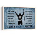 Framed hockey wall art with a player on an ice rink and blue motivational sports design