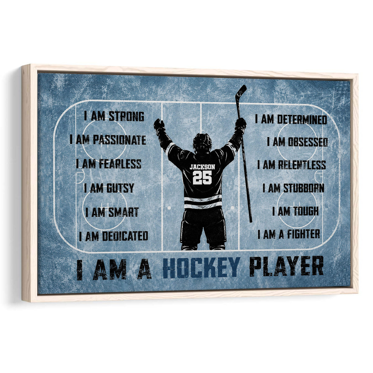 Framed hockey wall art with a player on an ice rink and blue motivational sports design
