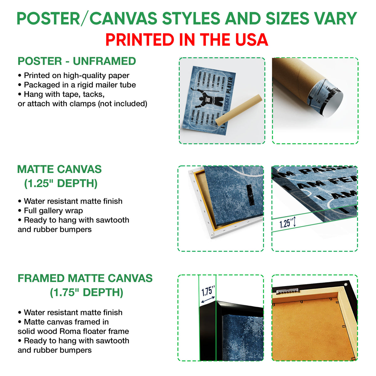 Poster and canvas wall art option guide showing unframed poster, canvas, and framed canvas formats