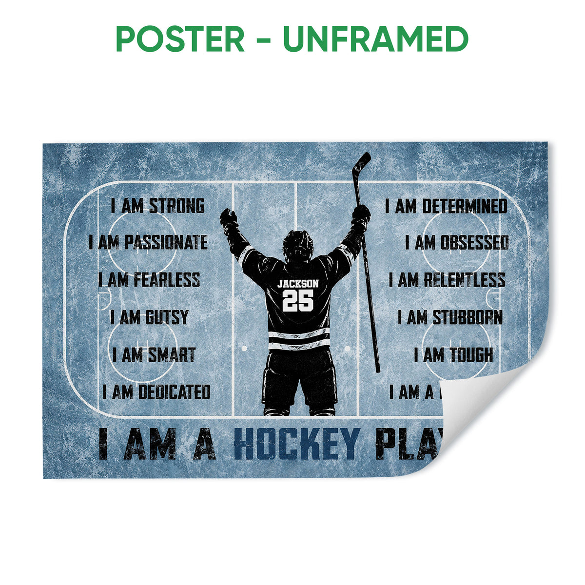 Unframed hockey poster featuring a player with stick on a blue ice rink design