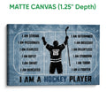 Matte canvas hockey wall art showing a rink scene and player in a blue distressed design