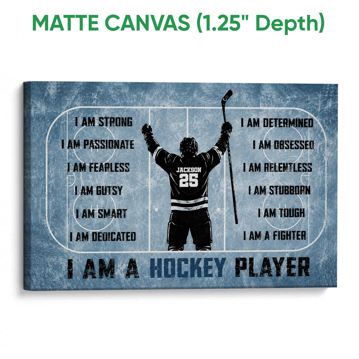 Matte canvas hockey wall art showing a rink scene and player in a blue distressed design