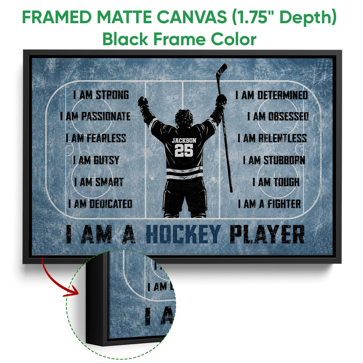 Framed hockey canvas wall art in a black frame with rink markings and player silhouette