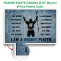 Framed hockey canvas wall art in a white frame with blue rink artwork and player silhouette
