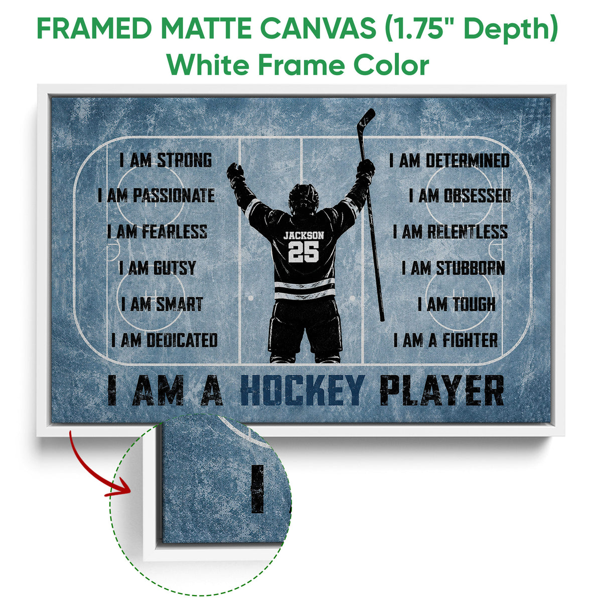 Framed hockey canvas wall art in a white frame with blue rink artwork and player silhouette