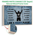 Framed hockey canvas wall art in a natural wood frame with blue rink artwork