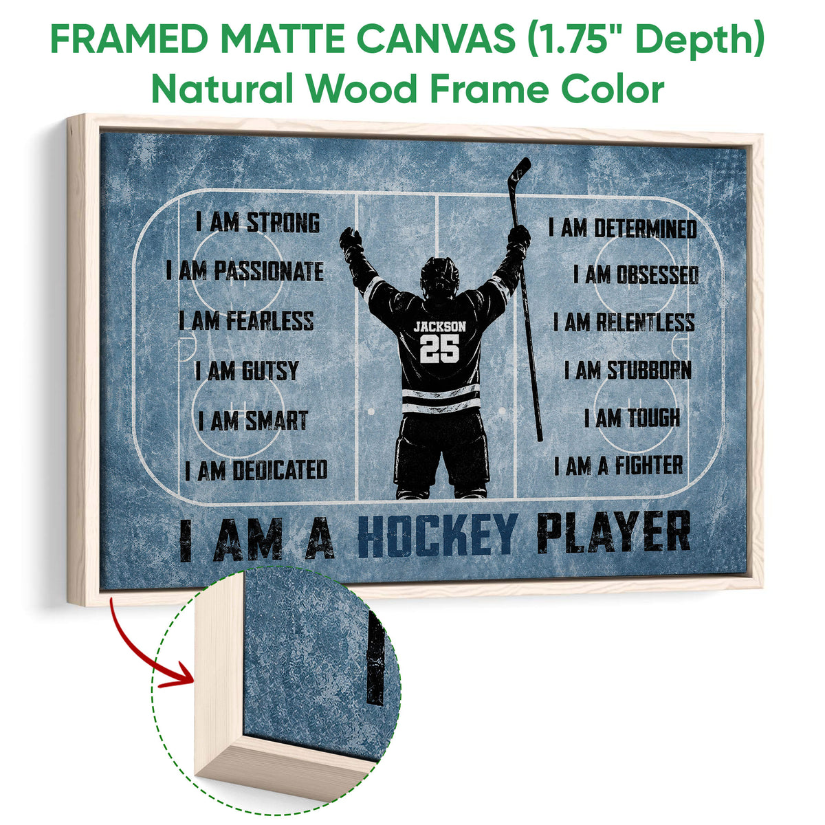 Framed hockey canvas wall art in a natural wood frame with blue rink artwork