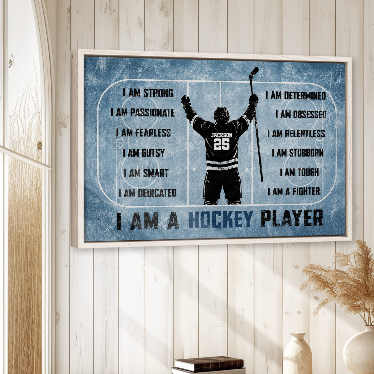 Hockey wall art displayed in a bright room with wood panel walls and natural wood frame