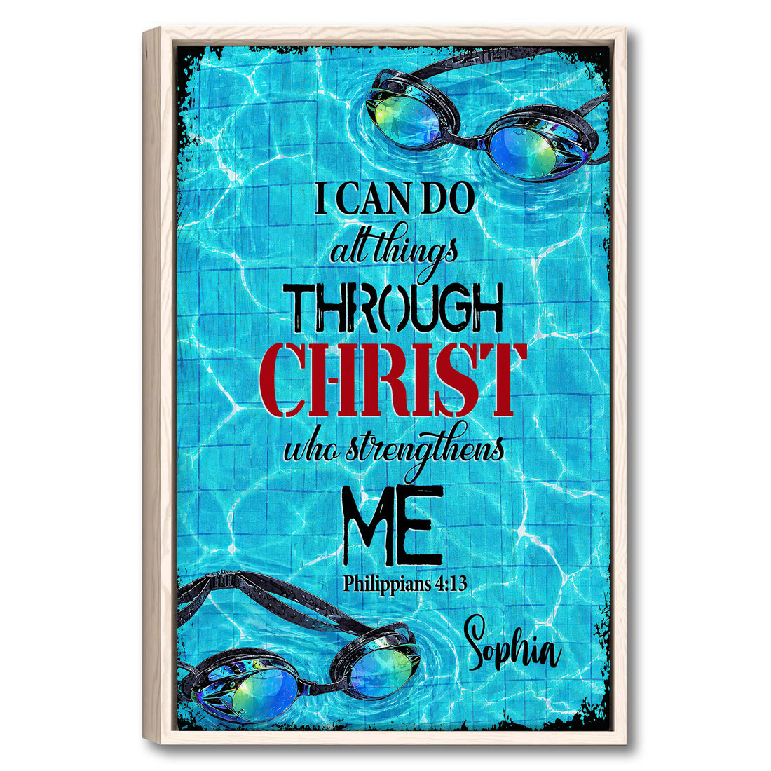Framed swimming wall art with colorful goggles, turquoise pool water, and Christian scripture-inspired typography