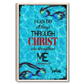 Framed swimming wall art with colorful goggles, turquoise pool water, and Christian scripture-inspired typography