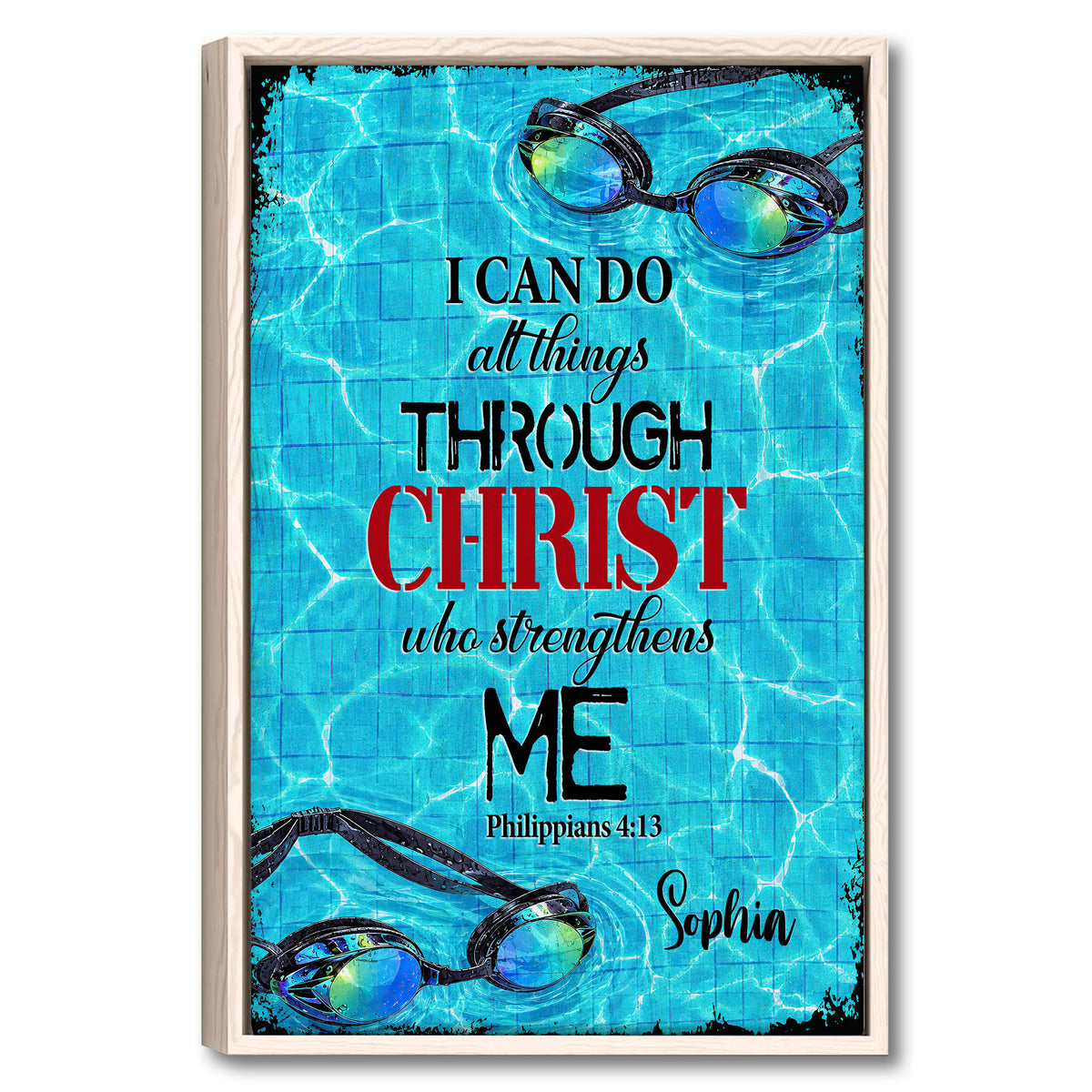 Framed swimming wall art with colorful goggles, turquoise pool water, and Christian scripture-inspired typography