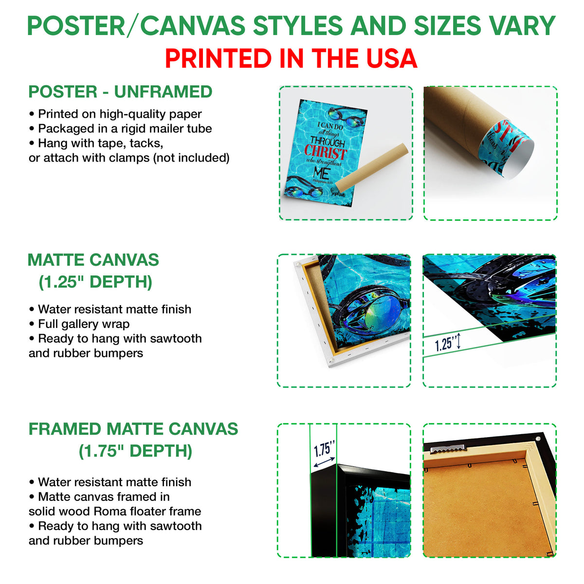 Poster, matte canvas, and framed canvas wall art options shown with a swimming-themed design