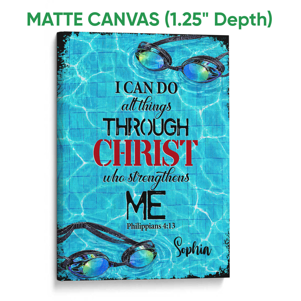 Matte canvas swimming wall art with colorful goggles, turquoise pool texture, and bold inspirational lettering