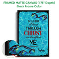 Black framed canvas swimming wall art with colorful goggles and turquoise pool-inspired Christian design