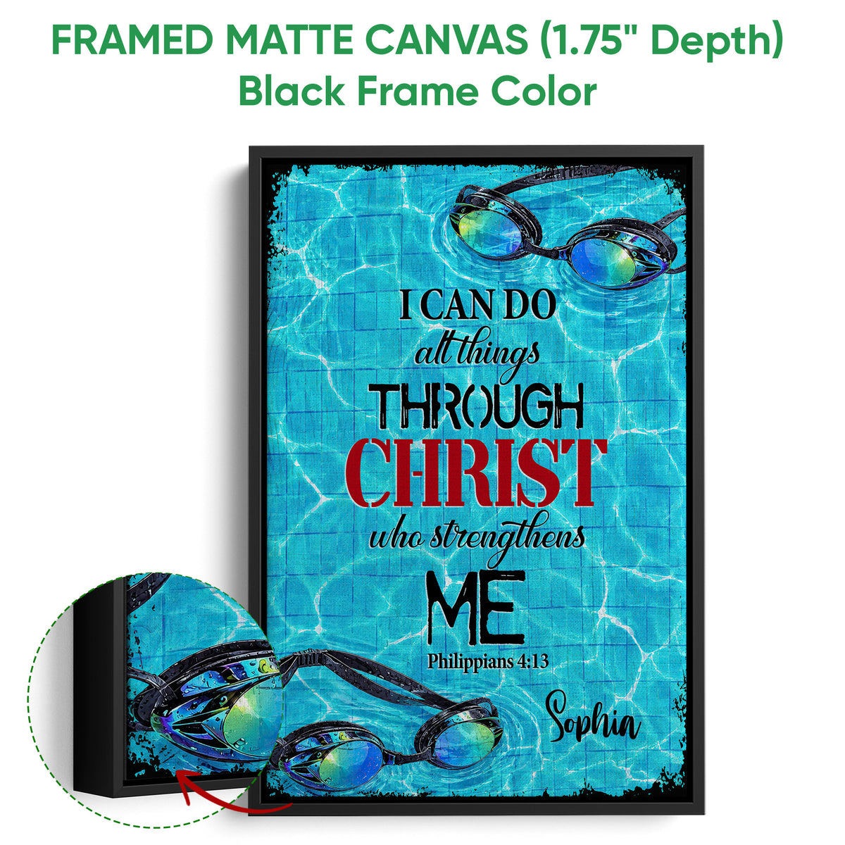 Black framed canvas swimming wall art with colorful goggles and turquoise pool-inspired Christian design