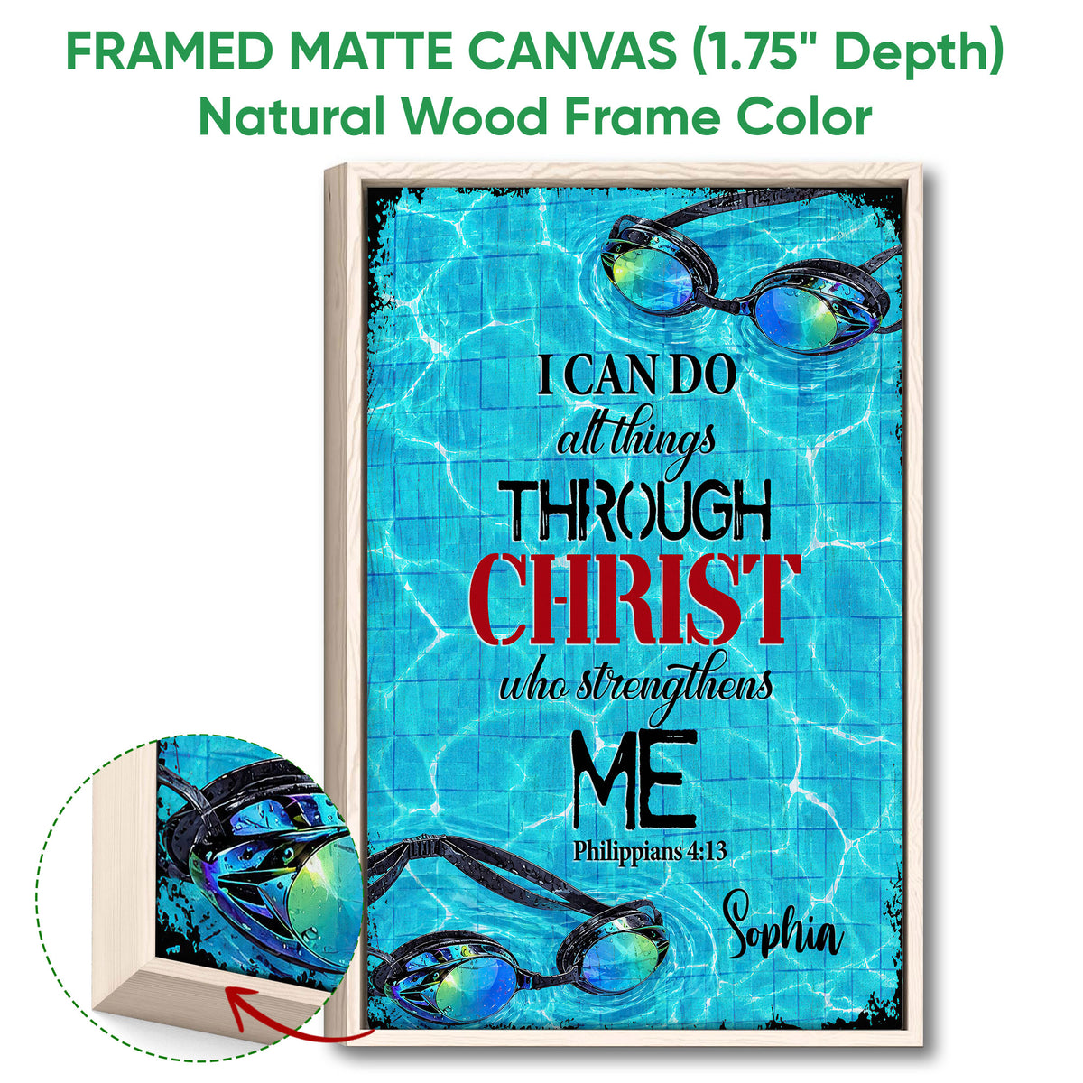 Natural wood framed swimming wall art with colorful goggles and turquoise pool-inspired scripture design