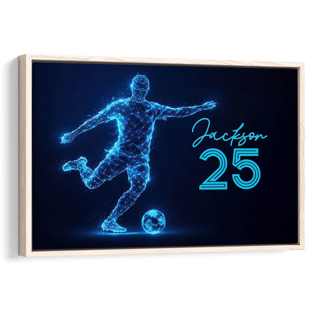 Framed soccer wall art featuring a glowing blue geometric player and ball on a dark background