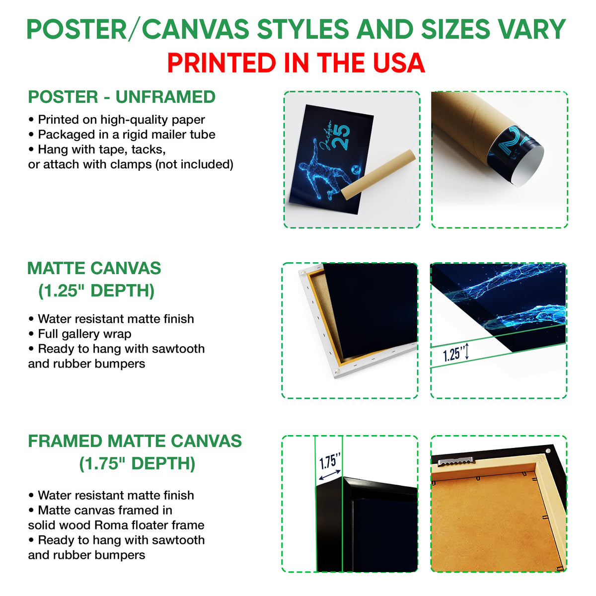 Soccer wall art format guide showing unframed poster, matte canvas, and framed canvas options