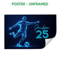 Unframed soccer poster showing a glowing geometric player and soccer ball against a navy background