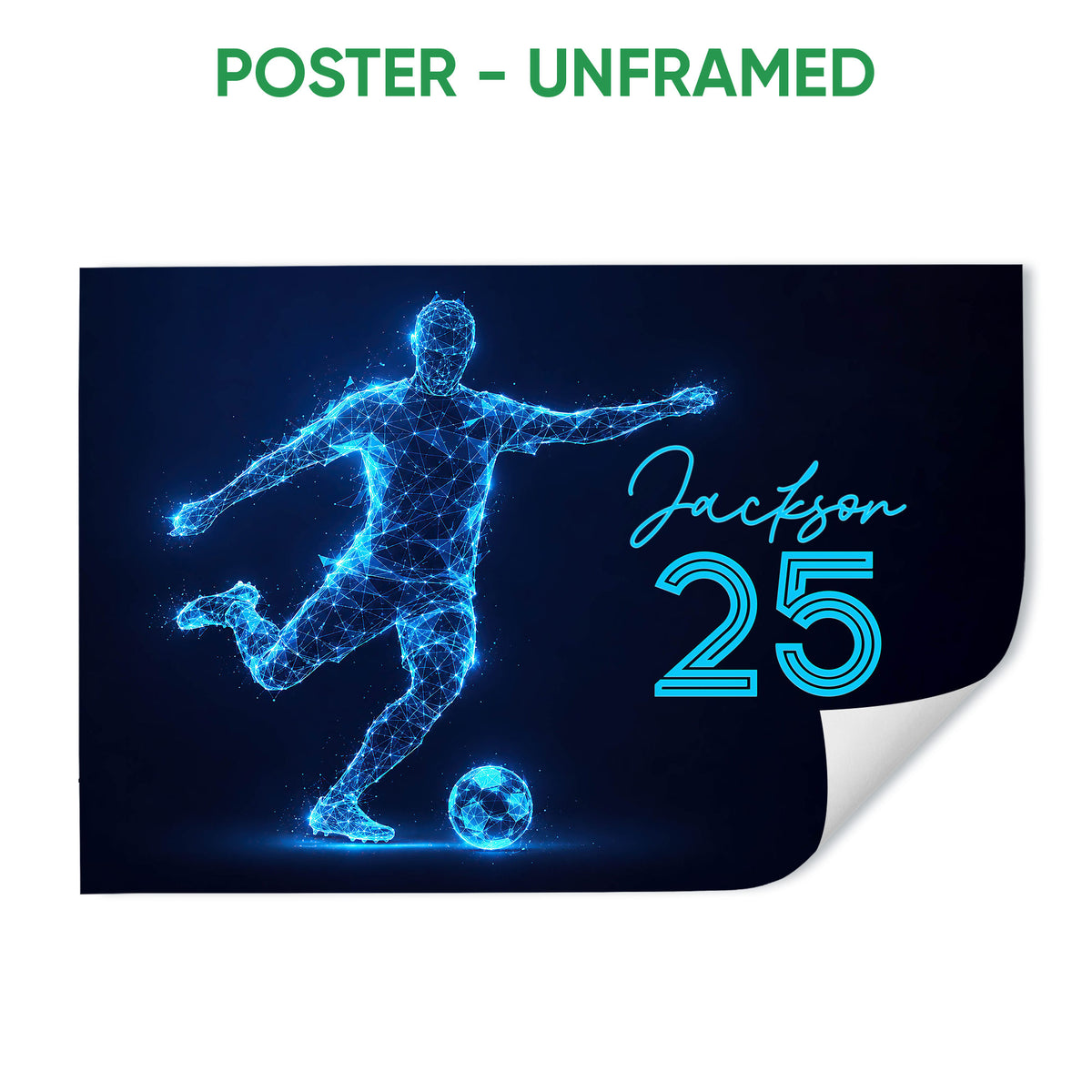Unframed soccer poster showing a glowing geometric player and soccer ball against a navy background
