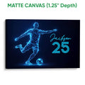 Matte canvas soccer wall art with a luminous blue geometric player and ball