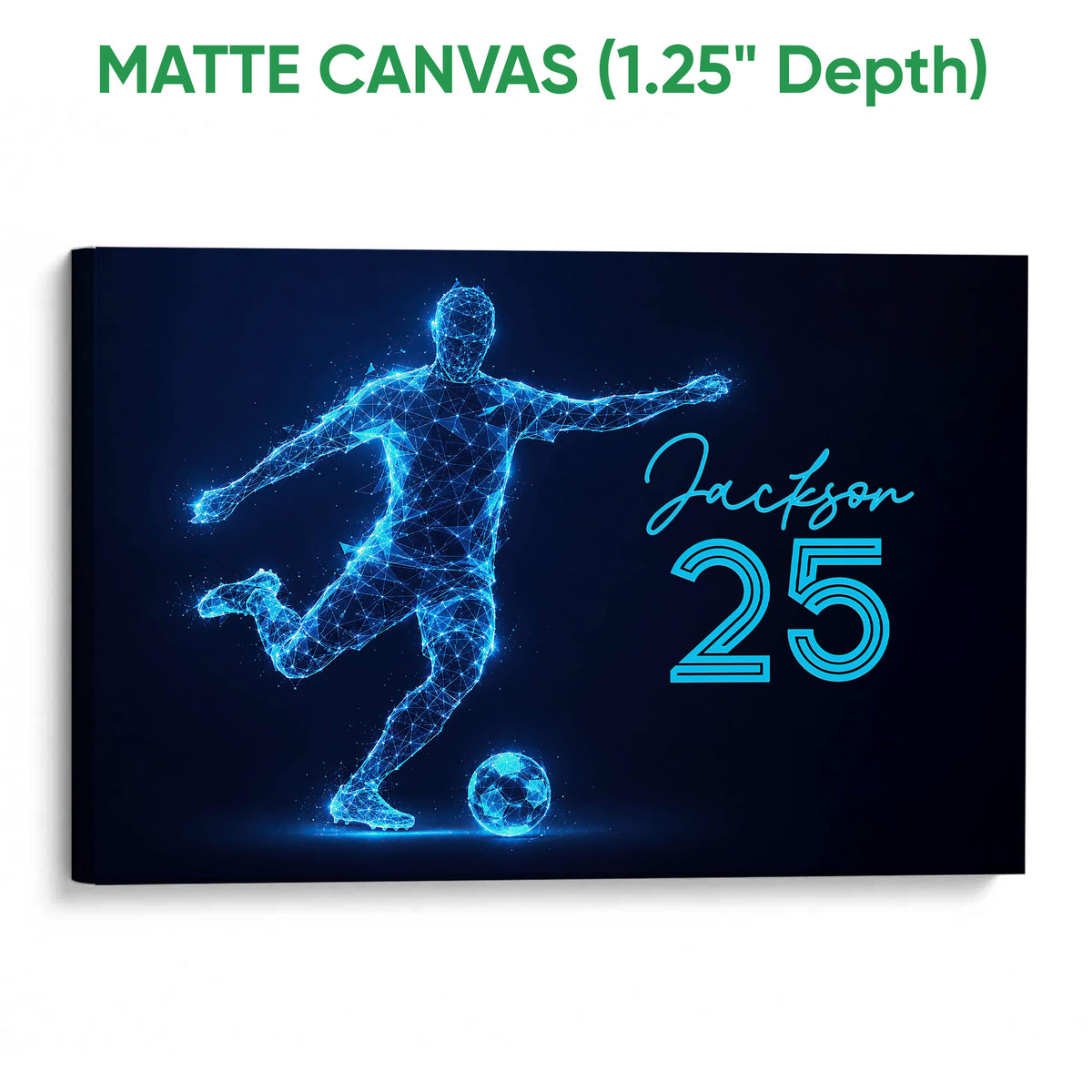 Matte canvas soccer wall art with a luminous blue geometric player and ball