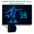Black framed soccer canvas featuring a glowing geometric player and ball on a dark blue design