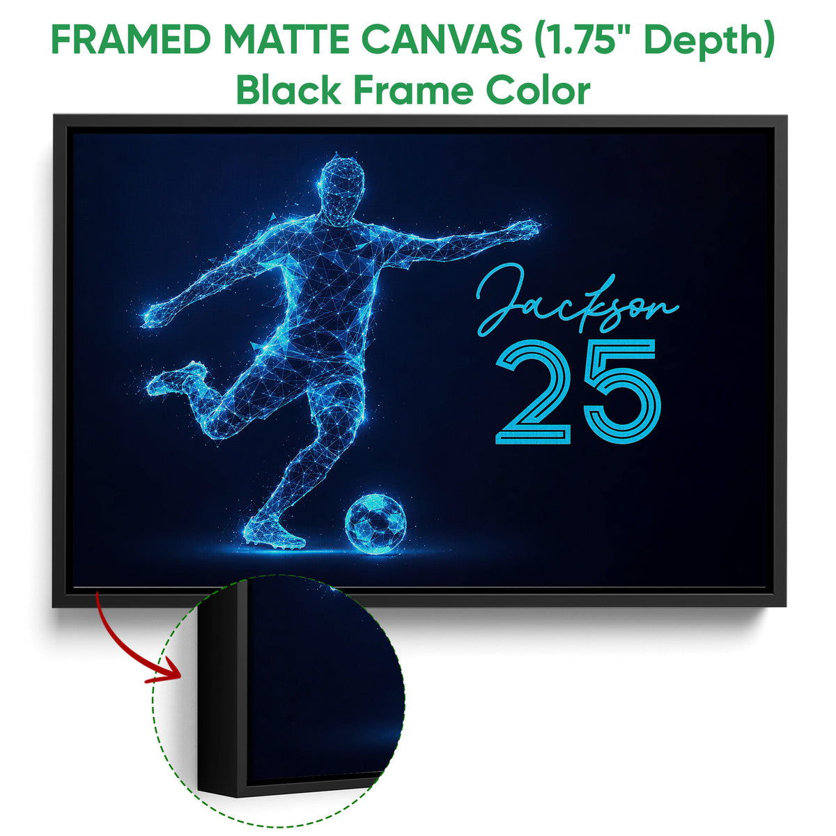 Black framed soccer canvas featuring a glowing geometric player and ball on a dark blue design