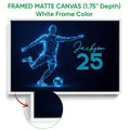 White framed soccer canvas wall art featuring a luminous blue geometric player and ball