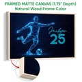 Natural wood framed soccer wall art with a glowing geometric player and ball