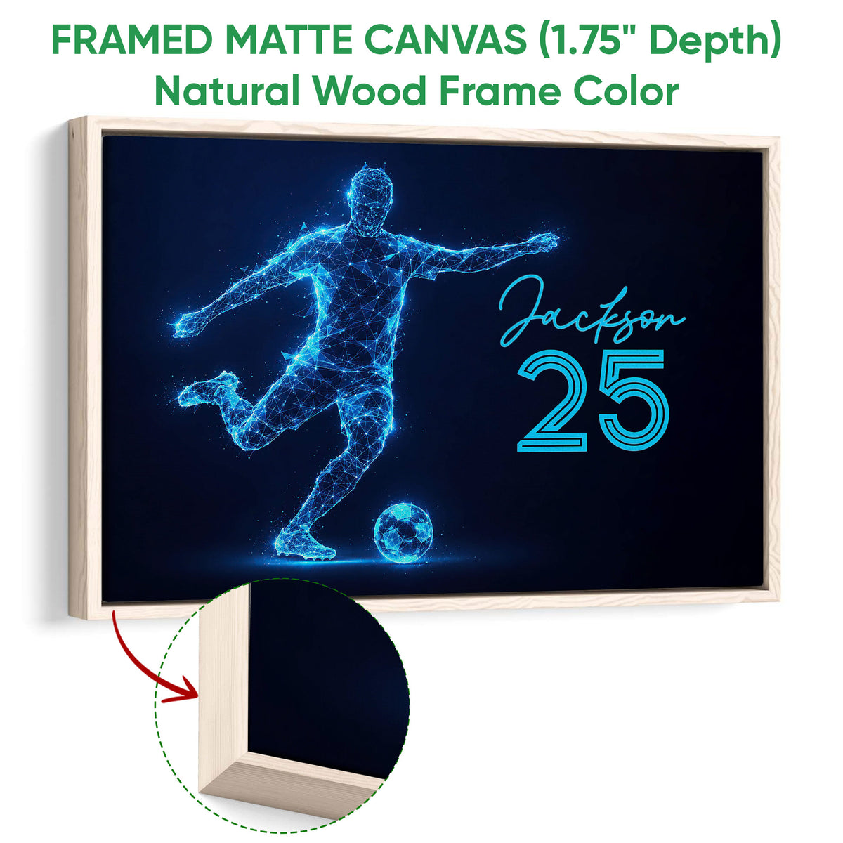Natural wood framed soccer wall art with a glowing geometric player and ball