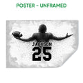 Unframed football poster with a monochrome player silhouette and distressed gray background